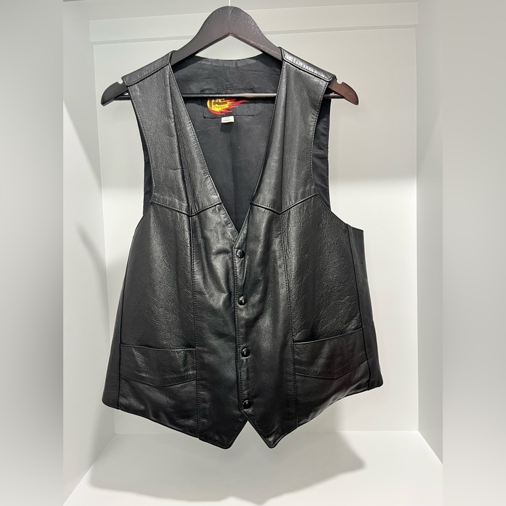 Vintage PNC Leather Black Motorcycle Vest Made In The USA size 48 XL/XXL